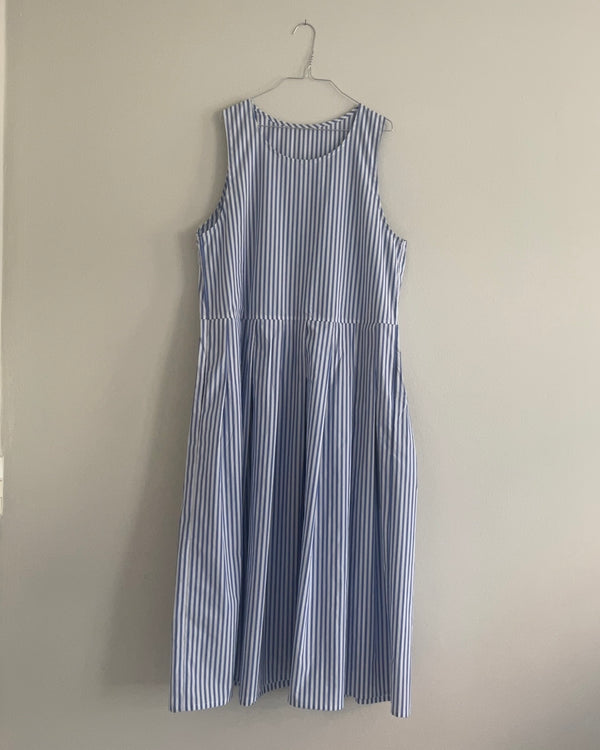 Pleat Dress—Cotton Blue Gradient Stripe—Small