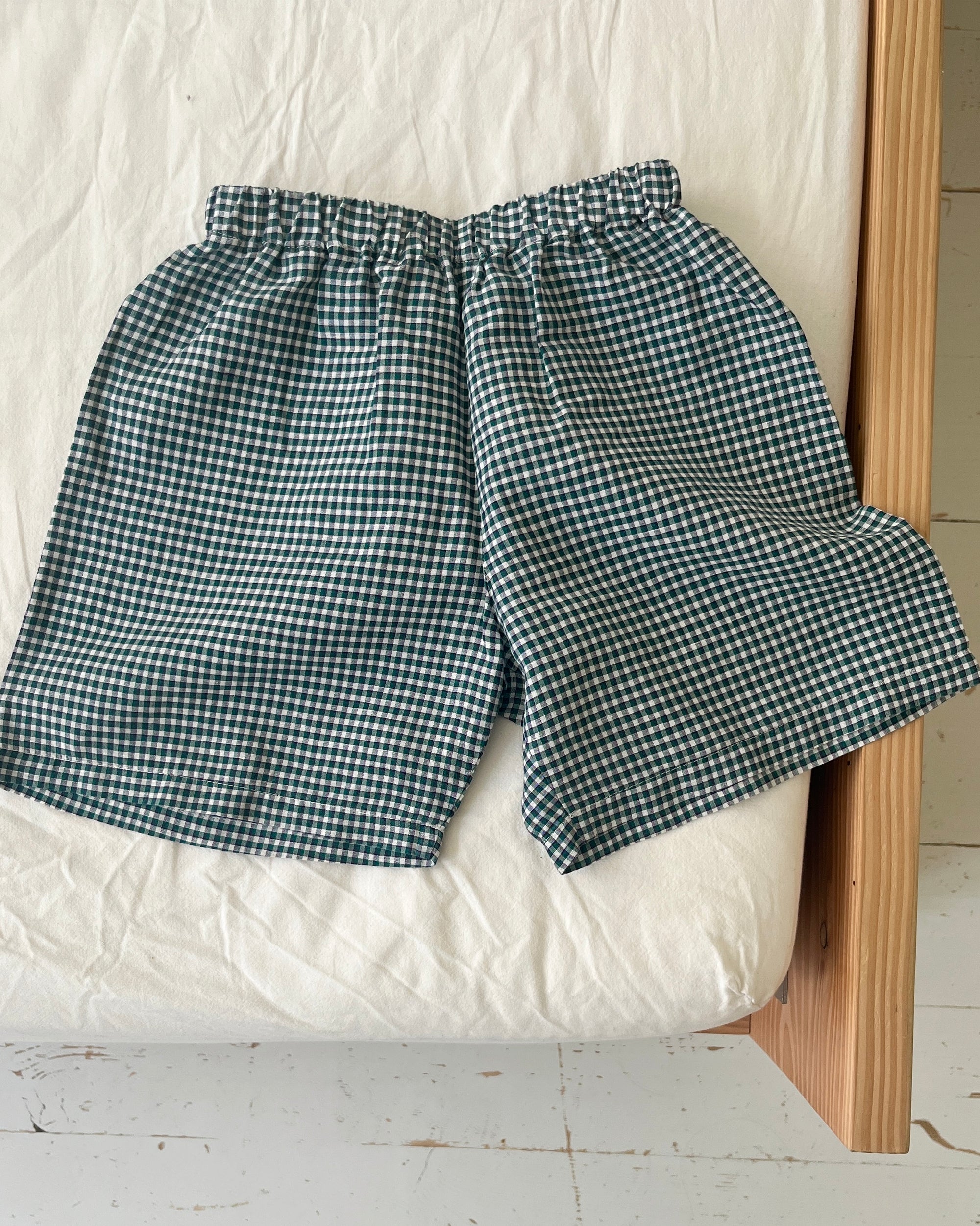 Favorite Shorts—Cotton Linen Green Check—4 Yrs